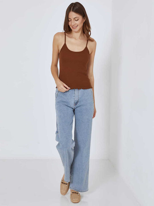 Women's Blouse Cotton with Straps Brown