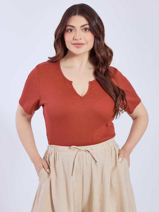 Women's Blouse Cotton with V Neckline Red