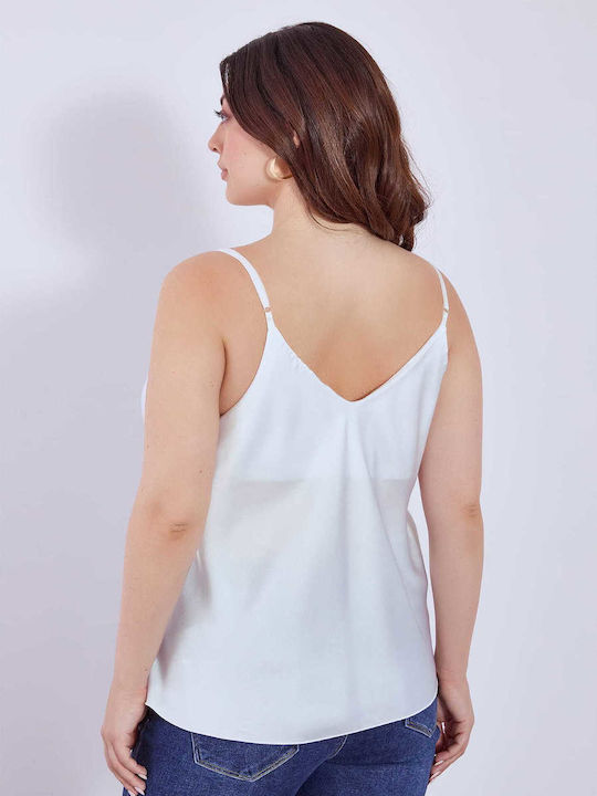 Women's Summer Satin Blouse with Spaghetti Straps & V-Neckline White