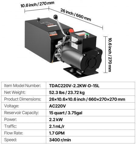 Hydraulic Pump Power Unit Vevor AC 220V Hydraulic Single Energy Unit 15 Liters Oil Flow 6.3 L Min Maximum Discharge Pressure 22 Mpa Tipping Truck Car Workshop Car Lifting Platforms Black