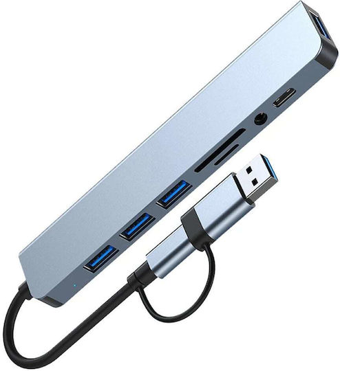 Techsuit Databridge 8-in-1 (H9) USB-Hub 5 Schnittstellen USB 3.2 mit Anschluss an einen Computer USB-A / USB-C Graues