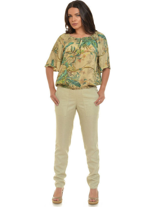 Damen Leinen Hose in Lockere Passform Beige