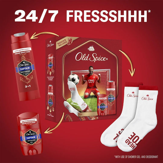 Old Spice Footballer Gift Set for Men With Captain Deodorant Stick Shower Gel and Socks 24-Hour Freshness for Daily Use Scent With Long-Lasting Quality Fragrance