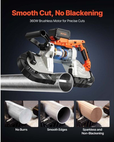 Portable Cordless Band Saw Kit Vevor 20v Battery Charger Cutting Depth 127 mm x 115 mm Metal Band Saw Brushless Motor Variable Speed 0-192 m min Metal Wood Cutting