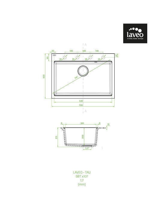 Laveo Drop-In Sink Synthetic Granite W70xD50cm White