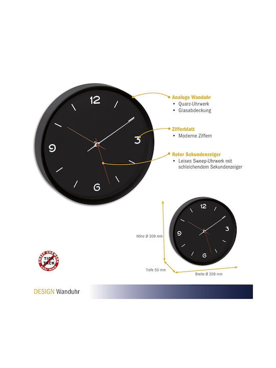 TFA Wall Clock Plastic Black Ø30.9cm