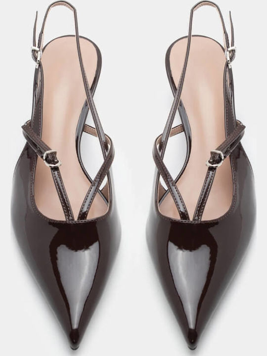 Synthetic Leather Pointed Toe Brown Low Heels with Strap