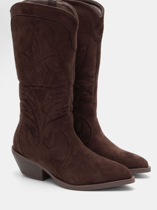 Suede Medium Heel Cowboy Boots with Zipper Brown