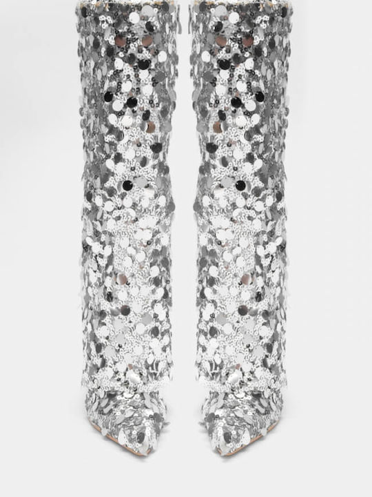 Wildleder Damenstiefel mit hohem Absatz Silber