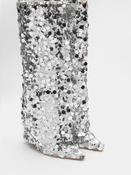 Wildleder Damenstiefel mit hohem Absatz Silber