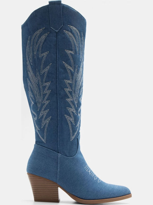 Suede Medium Heel Cowboy Boots with Zipper Blue