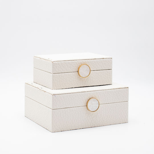 Set of 2 Wooden Decorative Boxes White Leatherette 20x16x8 & 16x11x6cm Estheti 819-00326
