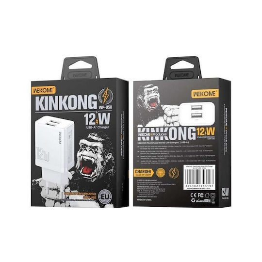 WK Φορτιστής Χωρίς Καλώδιο με 2 Θύρες USB-A 12W Λευκός (WP-U58)