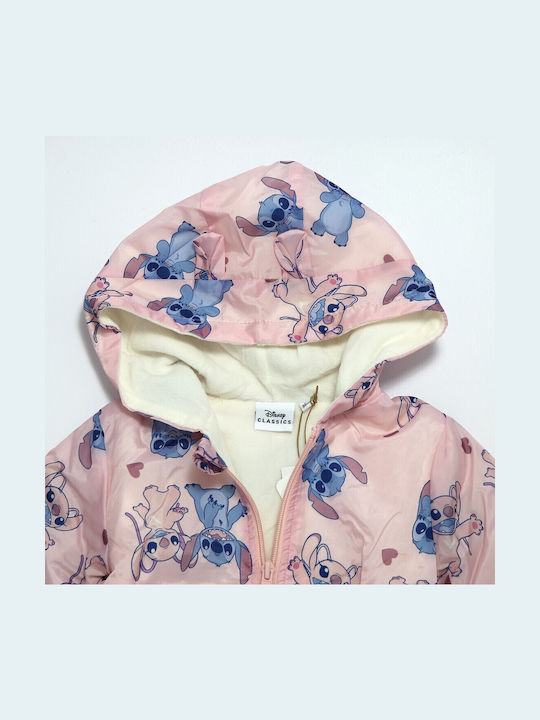 Lilo & Stitch Waterproof Kids Casual Short Windproof Jacket with Lining Hood Light Pink