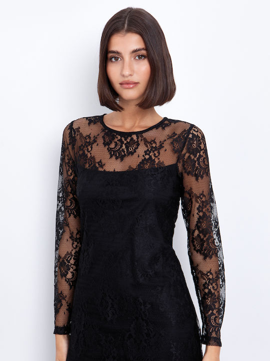 Maxi Evening Dress with Lace Black