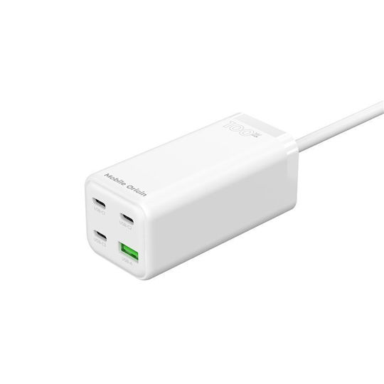 Mobile Origin Charging Stand GaN with USB-A Port and 3 USB-C Ports 100W Power Delivery in White color (MO-100CMH-PW18)