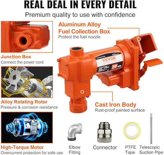 Vevor Fuel Transfer Pump 12v Dc 20 Gpm 1/4 Hp Gasoline Extractor Pump Automatic Nozzle Discharge Hose & Suction Pipe Gasoline Diesel Kerosene Ethanol & Methanol Blends Biodiesel