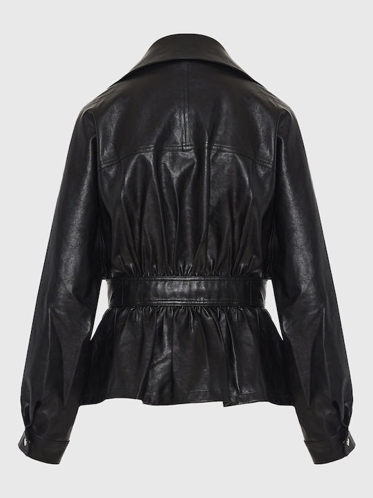 Women's Short Lifestyle Artificial Leather Jacket for Winter Black