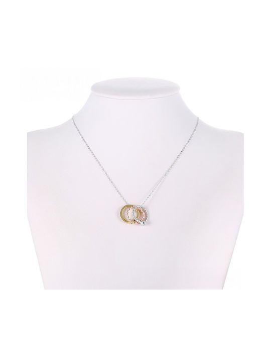 Chrysothemiss Women's Necklace Trinity Harmony Three Rings Silver Gold & Rose Gold Zircon
