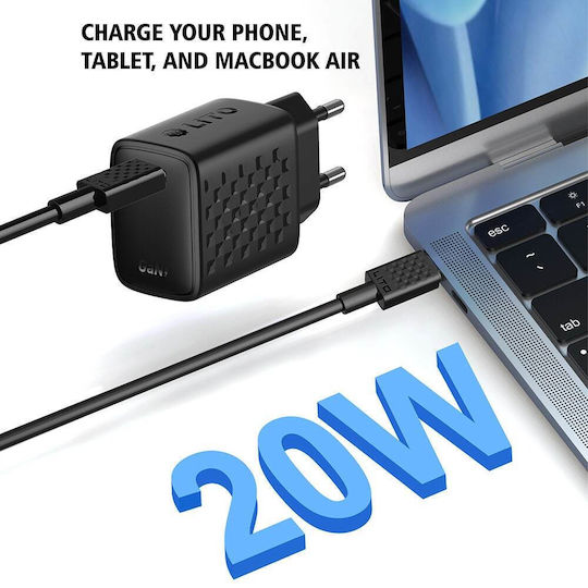 Lito Ladegerät GaN mit USB-C Anschluss und Kabel USB-C - USB-C 20W Stromlieferung Schwarzs (LC13)