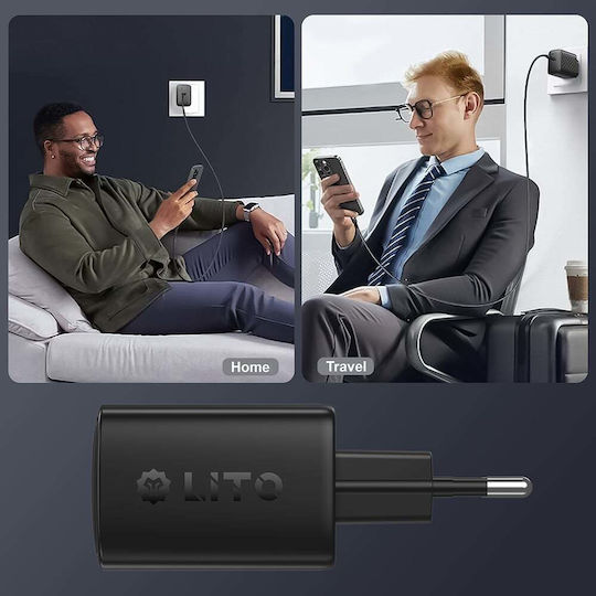 Lito Ladegerät ohne Kabel GaN mit USB-C Anschluss 20W Stromlieferung Schwarzs (LC13)