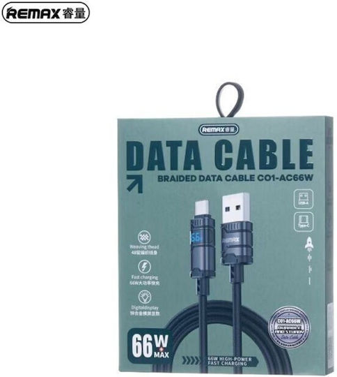 Remax Braided USB 2.0 Cable USB-C male - USB-A 66W Μαύρο 1.2m