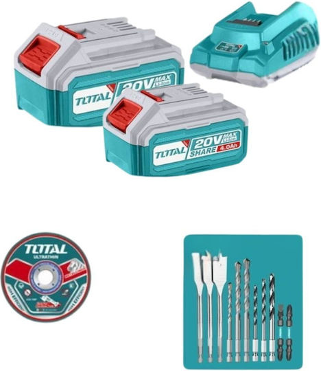 Total TOSLI241298E Сет Ъглово колело & Двигател за бормашина Безчетков 20V с 2 батерии 4Ах
