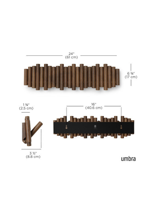 Umbra Wall Hanger Picket Wooden 8 Hooks Brown 61x4x17cm