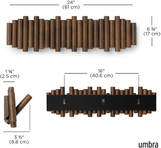 Umbra Wall Hanger Picket Wooden 8 Hooks Brown 61x4x17cm