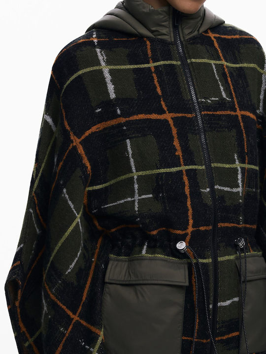 Checks Women's Poncho with Zipper Green