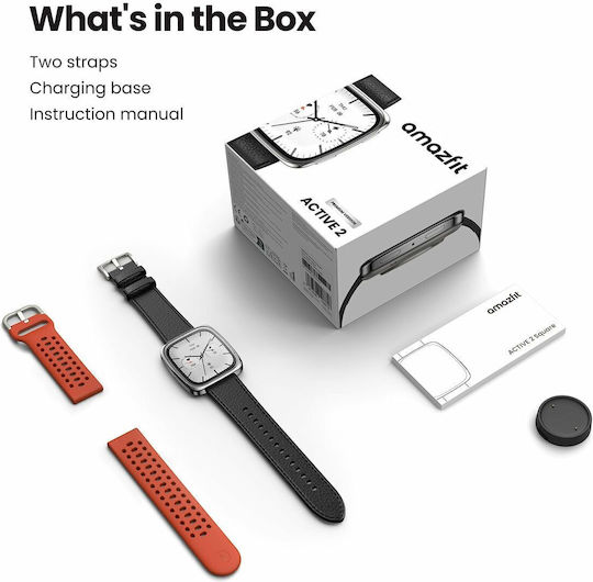 Amazfit Active 2 Square Stainless Steel 43mm Αδιάβροχο Smartwatch με Παλμογράφο (Μαύρο)