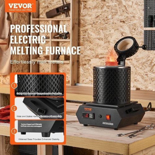 Vevor Gold Melting Furnace 1350w Maximum Temperature 1150°c Digital Electric Melting Furnace Ceramic Crucibles 1 Kg 3 Kg Crucible Tongs Gloves Gold Silver Aluminum Copper