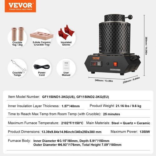 Vevor Gold Melting Furnace 1350w Maximum Temperature 1150°c Digital Electric Melting Furnace Ceramic Crucibles 1 Kg 3 Kg Crucible Tongs Gloves Gold Silver Aluminum Copper