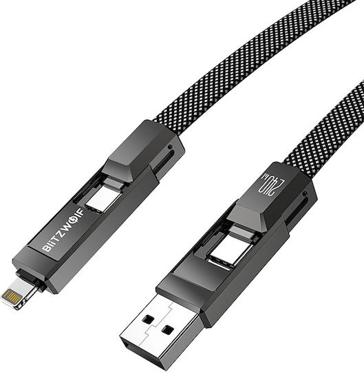BlitzWolf Braided Cablu USB la Type-C / Lightning cu mai multe porturi 4A Negru 1.2m