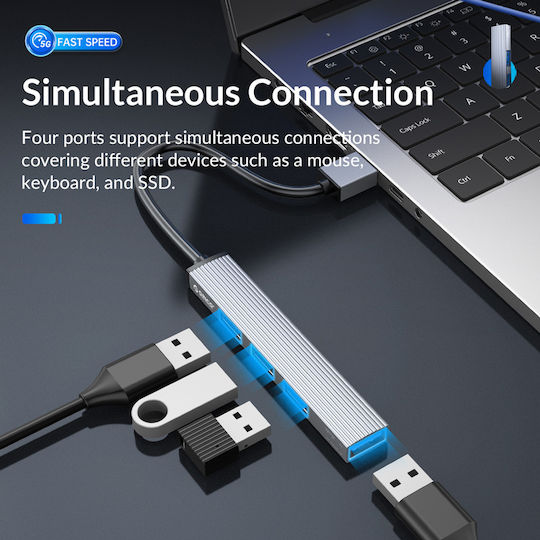 Orico Hub 4 Θυρών USB 3.0 με σύνδεση USB-A Γκρι