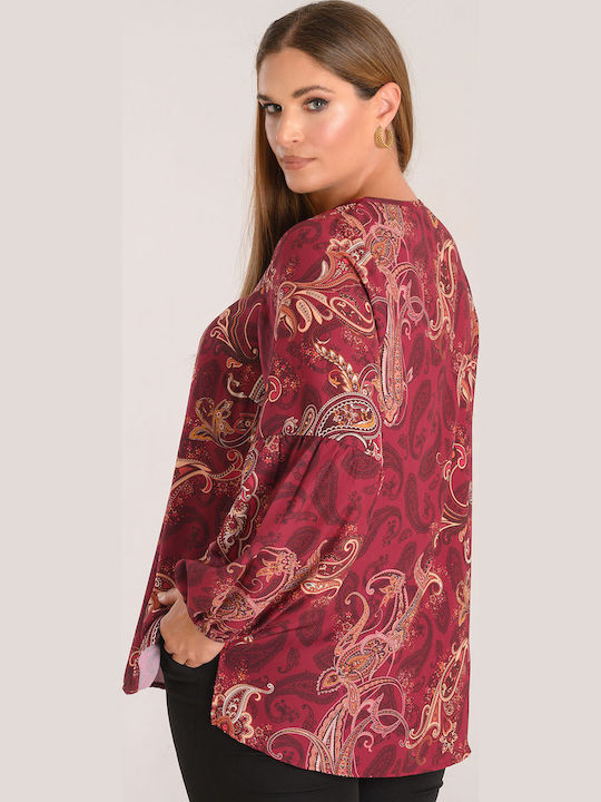 Women's Blouse Long Sleeve with V Neckline Burgundy