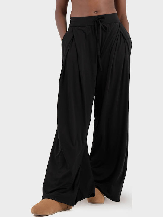 Damen Hoch tailliert Stoff Hose in Weitem Schnitt Black