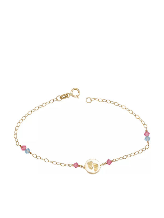 Kids Bracelet Footprints from Gold 14K with Baby Girl, Σταυρό & Stones