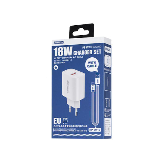 Remax Ladegerät mit USB-A Anschluss und Kabel USB-C 18W Schnellaufladung 3.0 Weißs (RP-U119)