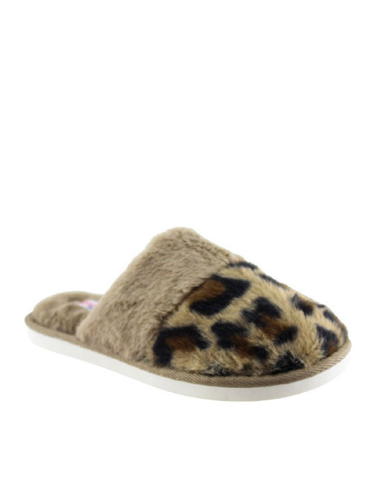 Winter Women's Slippers with Fur Leopard Brown