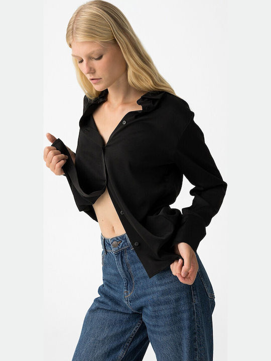 Women's Satin Long Sleeve Shirt Black