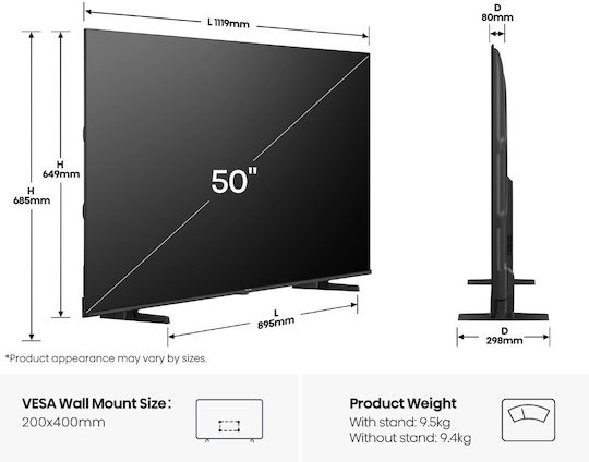 Hisense Smart Τηλεόραση 50" 4K UHD QLED E7Q HDR (2025) 50E7Q