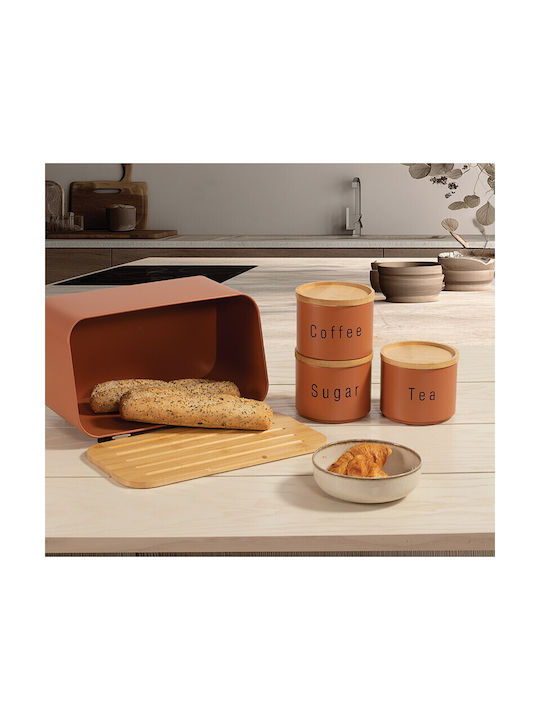 Nef-Nef Homeware Kaffee-Tee-Zucker Set 3 Stück Lebensmittelgläser für Kaffee / Tee / Zucker mit Metallischem Deckel Orange 12x8,8x12cm