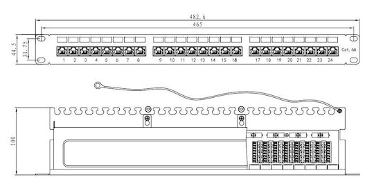 Patch Panel για Rack 1U 19" 24 Θυρών cat6a με Οδηγο Καλωδιων Μαύρο