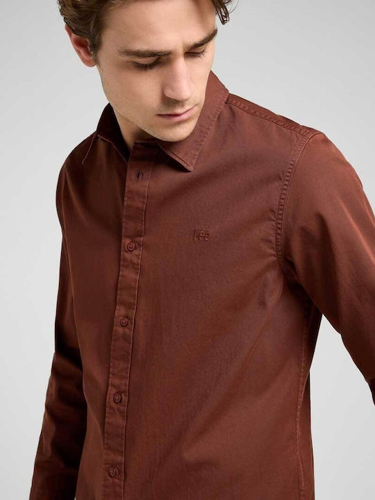 Long Sleeve Cotton Shirt in Regular Fit Brown