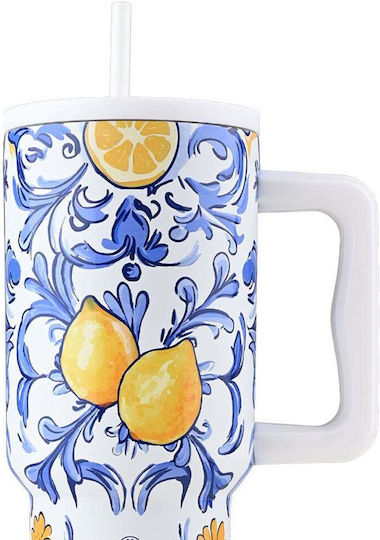 Estia Save Aegean Recyclable Handled Tumbler Thermos Stainless Steel BPA Free 900ml AMALFI COAST with Straw and Handle
