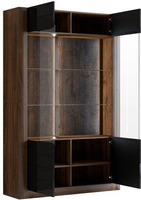 Sovera 102 De podea Vitrină de living din MDF cu Sticlă & Iluminare Γυαλιστερό Μαύρο, Καρυδί 129x41x200cm