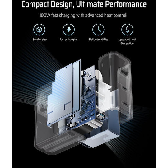 Cuktech Φορτιστής GaN με Θύρα USB-A και 2 Θύρες USB-C και Καλώδιο USB-C - USB-C 100W Power Delivery Γκρι (2C1A)