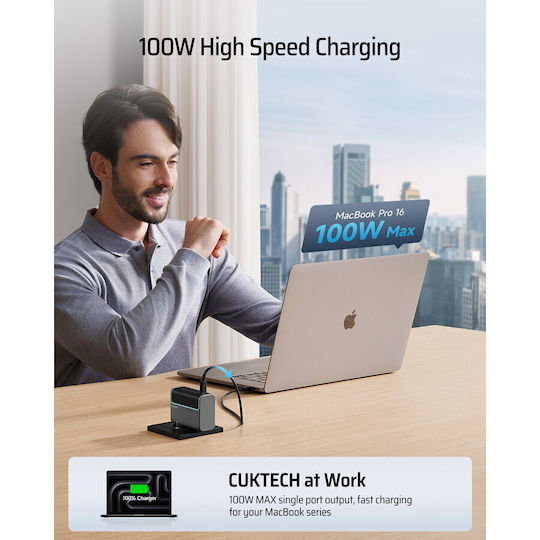 Cuktech Φορτιστής GaN με Θύρα USB-A και 2 Θύρες USB-C και Καλώδιο USB-C - USB-C 100W Power Delivery Γκρι (2C1A)