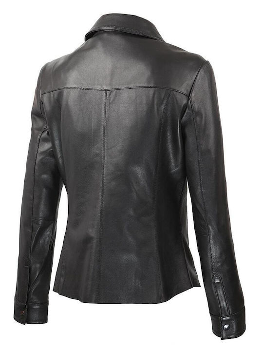 Women's Leather Monochrome Long Sleeve Shirt Black
